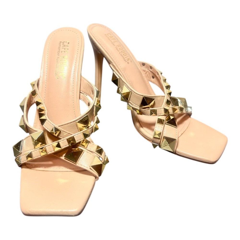 CAPE ROBBIN Nude Studded Cross Strap High Heel Sandals